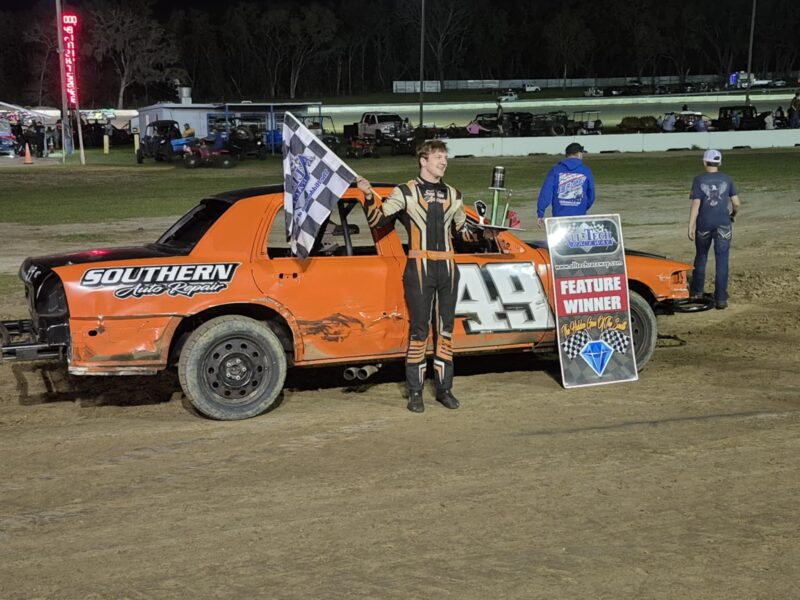 High Springs Florida driver Ronnie Klys captured the victory and takes home The Dobbins trophy during the Plumb Level Construction Co, LLC Crown Vics main event.